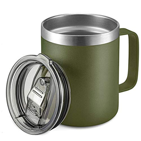 12oz Stainless Steel Insulated Coffee Mug with Handle, Double Wall Vacuum Travel Mug, Tumbler Cup with Sliding Lid, Army Green