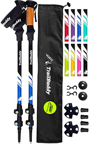 TrailBuddy Lightweight Adjustable Trekking Poles - 2 Pack - Strong Aircraft Aluminum - Quick Adjust Flip-Lock - Cork Grip, Padded Strap (Lake Blue)