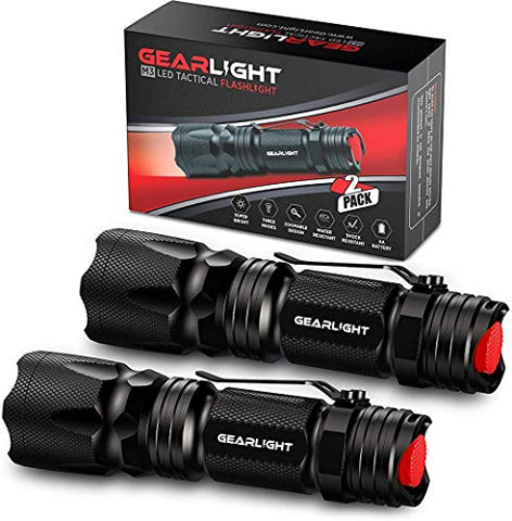 GearLight M3 LED Tactical Flashlight [2 Pack] with Belt Clip, Batteries Included - Zoomable, 3 Modes, Water Resistant, Small