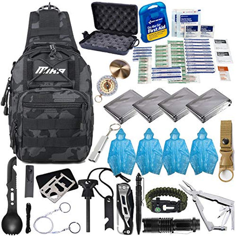 MIKA Premium Survival Gear Shoulder Bag, 51 in 1 Emergency Survival Kit, First Aid, Pro Tactical Gear (Black/Grey Camo)